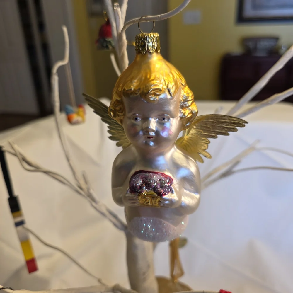 Vintage German Blown Glass Christmas Ornament Angel on a Cloud w Gold Wings EUC